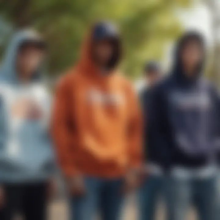 Group of skateboarders hanging out in a park, all wearing Champion hoodies.