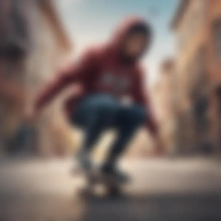 Skateboarder wearing a Champion hoodie while performing tricks in an urban environment.