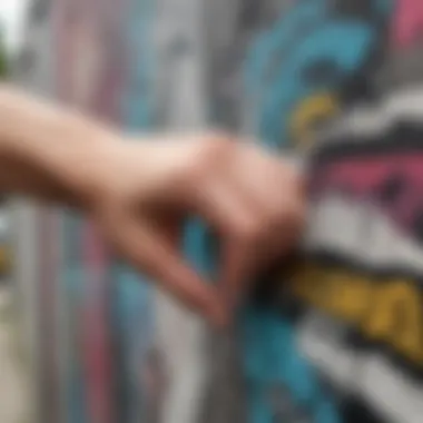 A close-up of a middle finger sticker against a graffiti wall