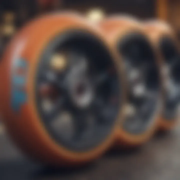 A close-up of skateboard wheels demonstrating advanced technology.