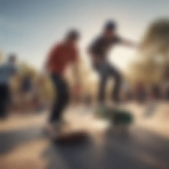 A group of skateboarders engaged in a creative session at a skatepark.