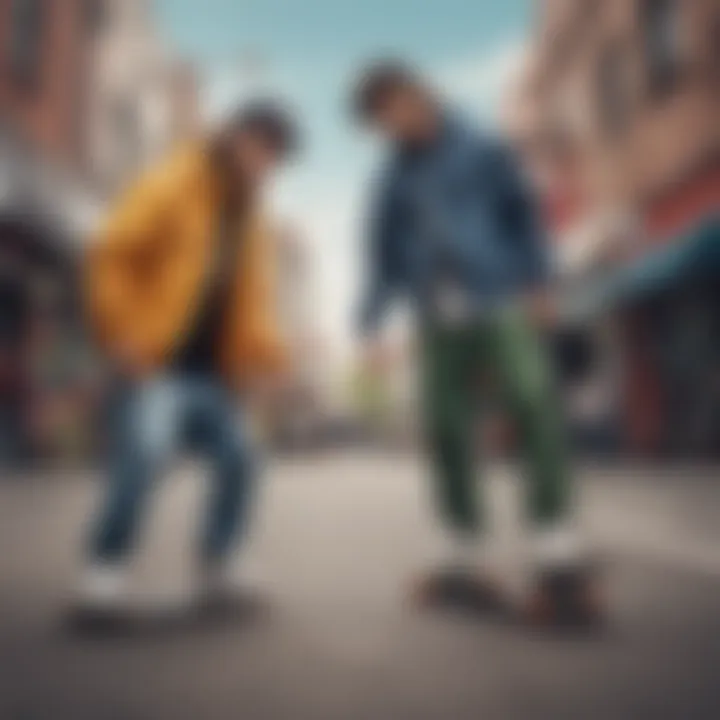 Dynamic street scene featuring skateboarders in trendy yet affordable outfits