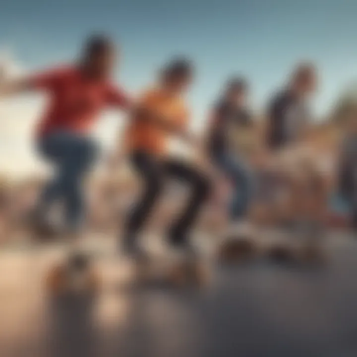 A group of novice skaters enjoying a vibrant skate park, highlighting the community aspect of skate culture.