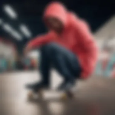 Skateboarder wearing a neon Nike hoodie in an urban skate park environment