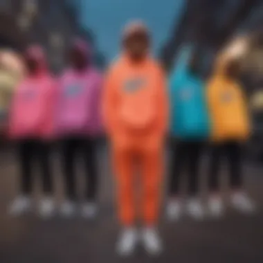 Collective Identity Among Skaters Group of skaters in various neon Nike hoodies, illustrating collective identity
