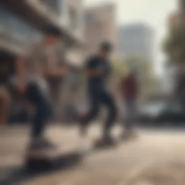 Group of skateboarders wearing various styles of the Nike SB Performance Trucker Hat in an urban setting.