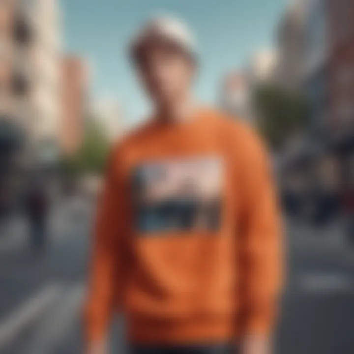 Skateboarder wearing the fleece crewneck in an urban setting