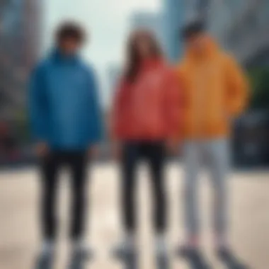 A group of skateboarders in an urban setting, all wearing the Nike Sportswear Windbreaker.