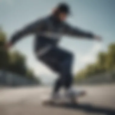 Skateboarding in Nike Sportswear Windbreaker A skateboarder wearing the Nike Sportswear Windbreaker while performing a trick.