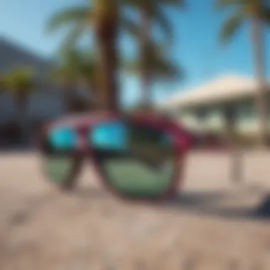 Vibrant Pit Viper sunglasses displayed against a skateboarding backdrop