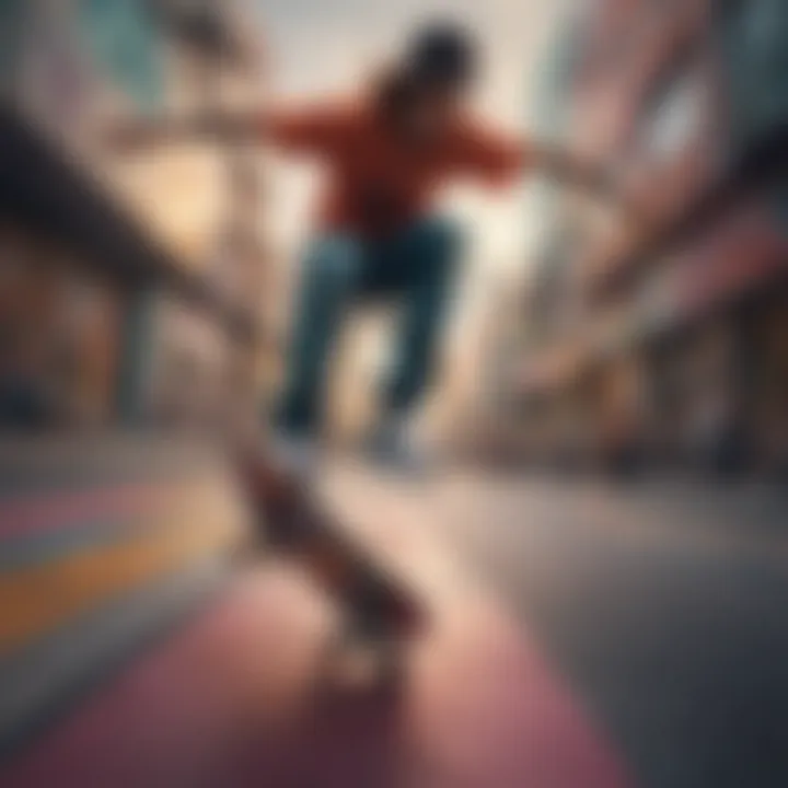 A skateboarder performing tricks in a colorful urban environment