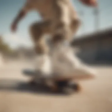 A skateboarder demonstrating a trick while wearing Reebok white and tan shoes.