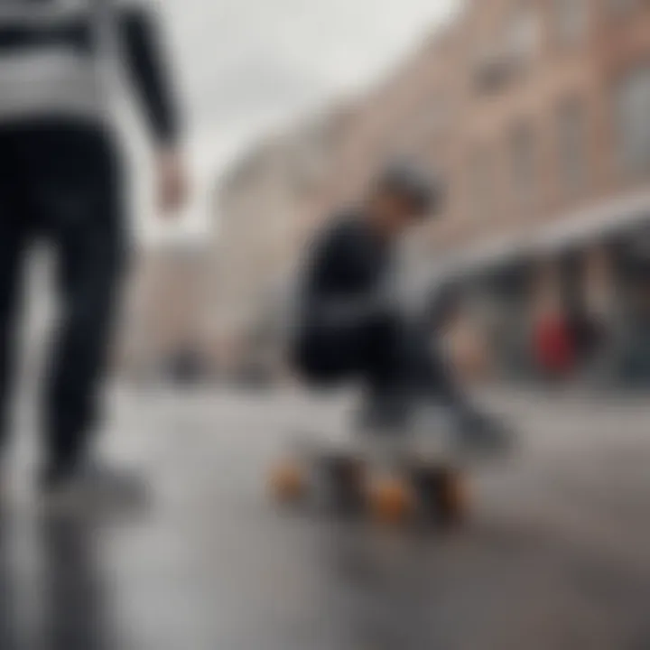 A group of skateboarders in stylish outfits featuring black striped Adidas