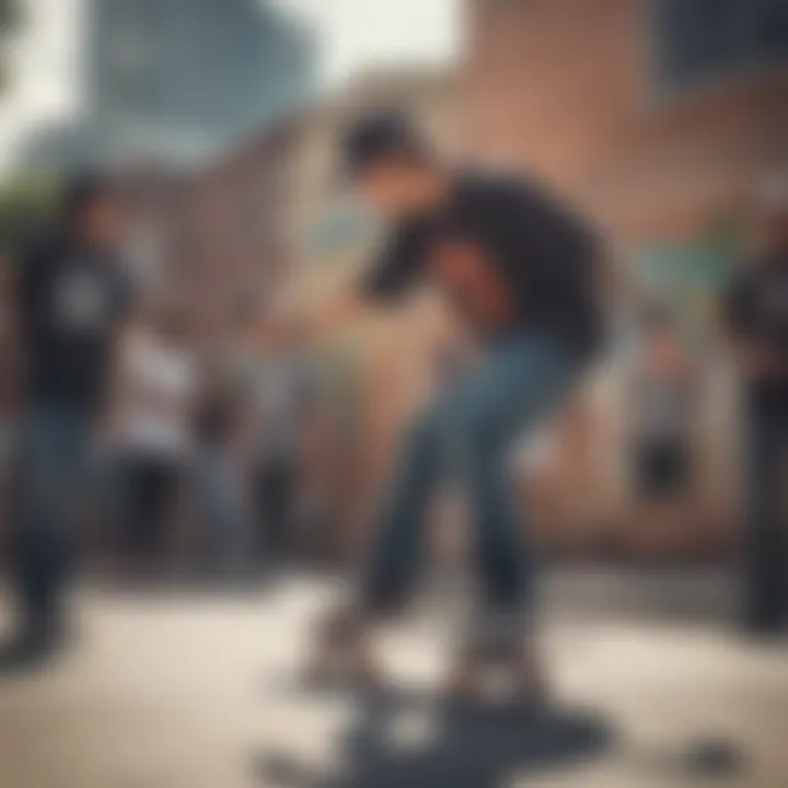 A group of skateboarders practicing tricks and enjoying community spirit