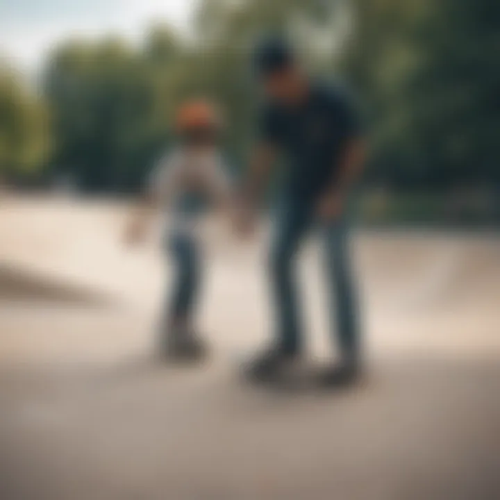 Skilled instructor guiding a young skateboarder in a local skate park