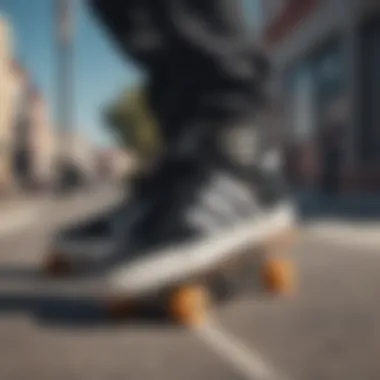 Skateboarder wearing black striped Adidas shoes in an urban setting