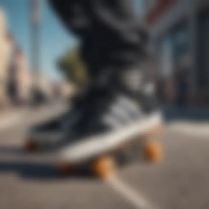 Skateboarder wearing black striped Adidas shoes in an urban setting