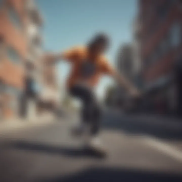 Skateboarder wearing a graphic tee in an urban setting