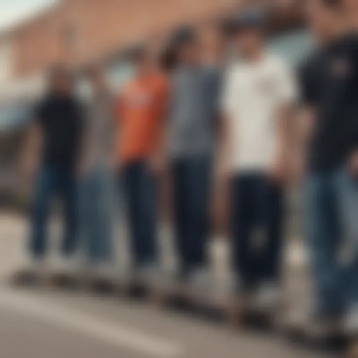 Group of skateboarders in various settings wearing Dickies straight fit