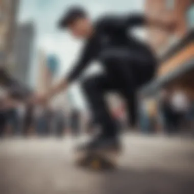 A skater performing tricks in black chino joggers