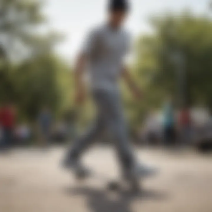 Skaters showcasing their gray New Balance shoes in a park