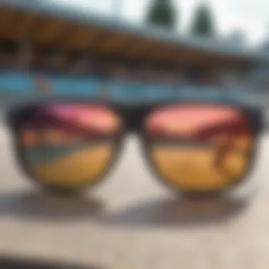 A close-up of sunglasses lenses reflecting vibrant skate park scenery