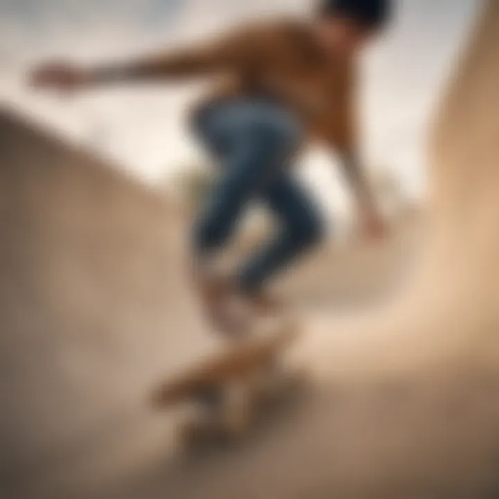 Skateboarder performing a trick in tan suede Vans at a skate park