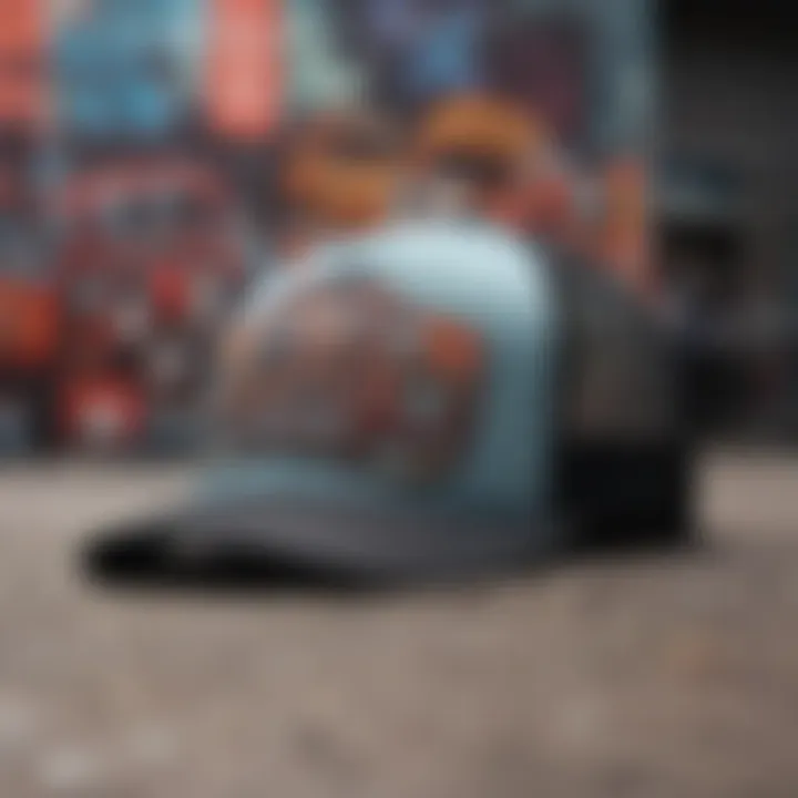 Trucker hats arranged against a backdrop of urban graffiti.