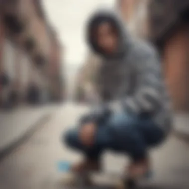 Stylish skateboarder wearing a striped hoodie in an urban setting.