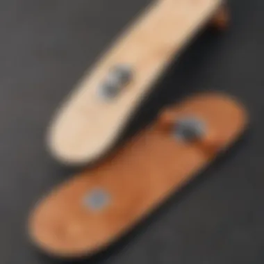 Side-by-side comparison of a maple skateboard and alternative materials, emphasizing their differences