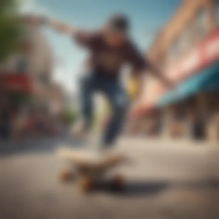 A vibrant street scene featuring skateboarders showcasing various maple board designs and tricks