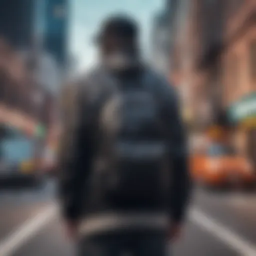 Sleek black sling backpack against a vibrant urban backdrop