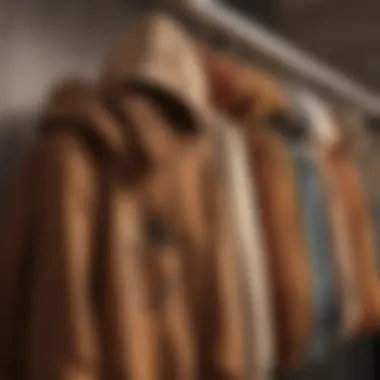 Various brown graphic hoodies hanging in a shop, illustrating diversity in design and style.