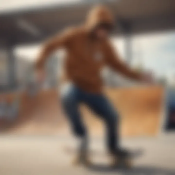 A skateboarder wearing a brown graphic hoodie while performing a trick in a skate park.