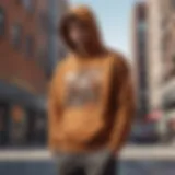 A stylish brown graphic hoodie displayed against an urban backdrop, highlighting its design.