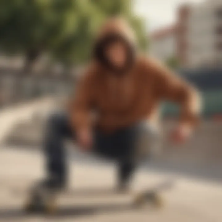 A skateboarder wearing a brown hoodie in an urban skatepark setting