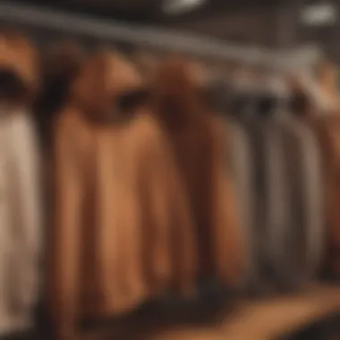 Different styles of brown hoodies displayed on hangers in a trendy streetwear store