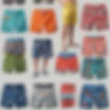 A vibrant collection of board shorts in various styles and patterns for teens