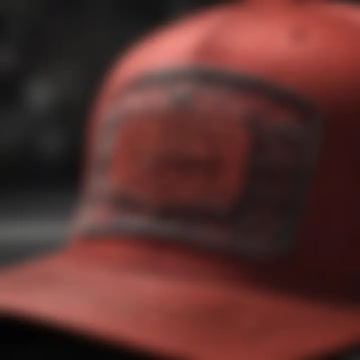 A close-up of the design elements of a red trucker hat, highlighting unique patterns and textures that appeal to skateboarders.