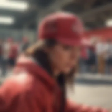 Youthful individuals wearing red trucker hats at a skate park, illustrating the hat's influence on contemporary streetwear.