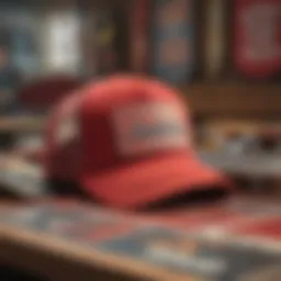 A vintage red trucker hat displayed against a backdrop of skateboard decks, showcasing its roots in American youth culture.