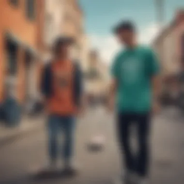 A vibrant outdoor scene depicting skateboarders wearing hardy shirts.