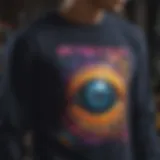 A close-up view of vibrant graphic designs on a long sleeve tee