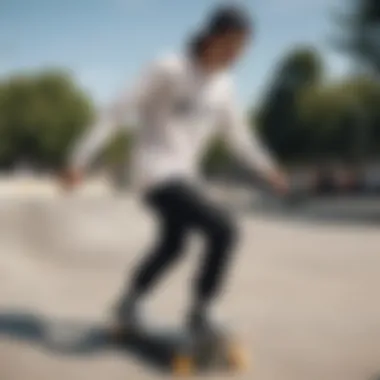 Skateboarder showcasing style in a long sleeve graphic tee at a skate park