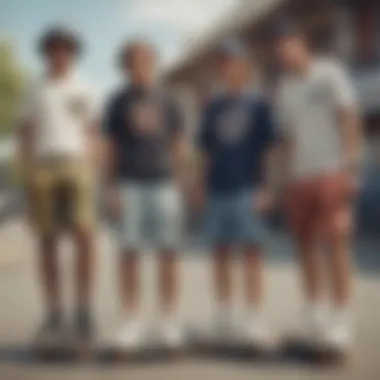 A group of skateboarders showcasing their unique styles with baggy shorts.