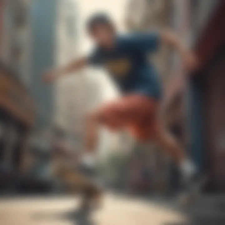 A skateboarder performing tricks while wearing baggy shorts in an urban setting.