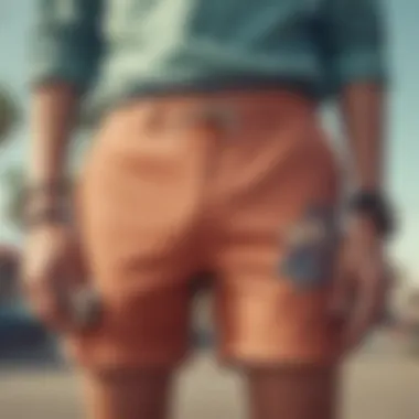 A vintage photo capturing the early days of skateboarding fashion, featuring baggy shorts.