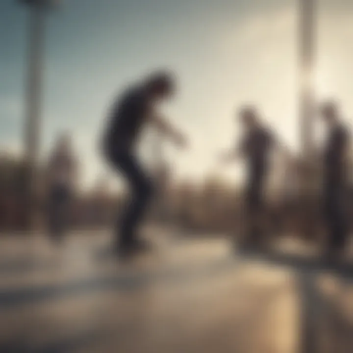 Group of skaters gathered around a grinding pole in a skate park