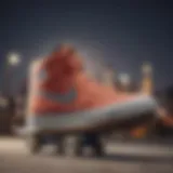 A close-up of high top Nike sneakers on a skateboard