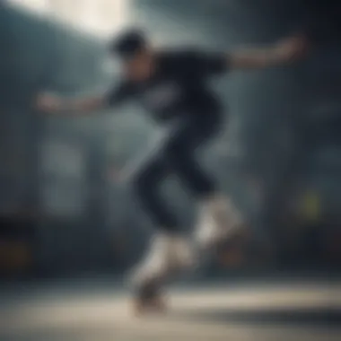 Skateboarder performing a trick while wearing high top Nike sneakers